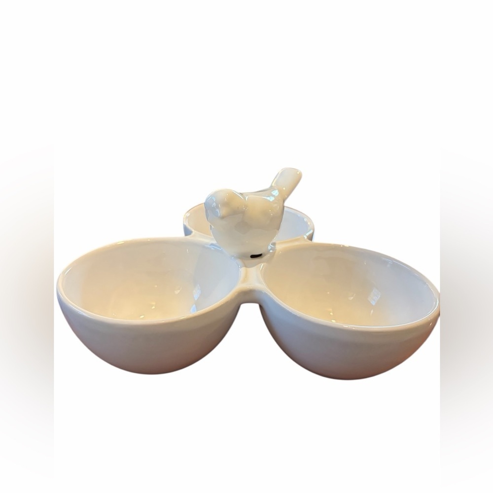 Ceramic Bird Triple Dip Serving Dish Made in Portugal 8” White Appetizer‎ Bowl